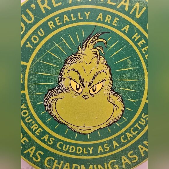 Dr. Seuss' GRINCH Who Stole Christmas Round Metal Bottle Cap Sign Decor 11.6"NEW - Picture 6 of 7